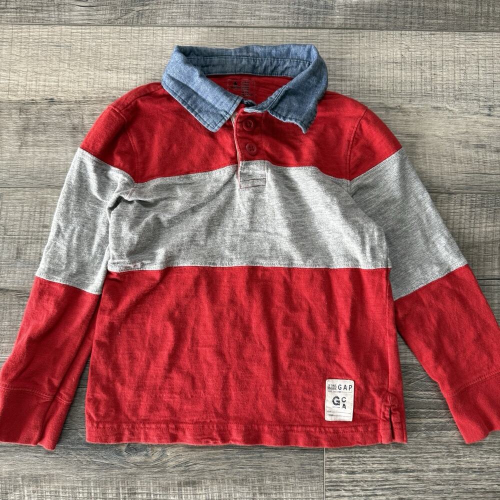 Baby Gap Long Sleeve Boys Ruby Polo Shirt Boys 4T Gray Red Denim Stripe Retro
